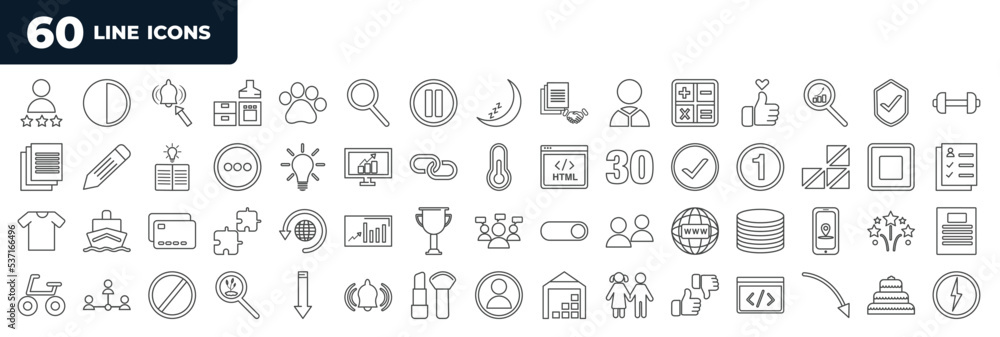 Poster set of most common used 60 web icons in outline style. thin line icons such as experience, math, ana