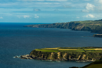 Panorama view to coastline of Sao Miguel island from Santa Iria viewpoint in Azores. Portugal