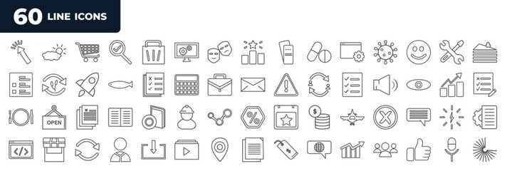 set of most common used 60 web icons in outline style. thin line icons such as click, application, table, restaurant, plane, code, copy, microphone vector.