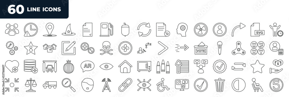 Poster set of most common used 60 web icons in outline style. thin line icons such as many, nuclear, skelet