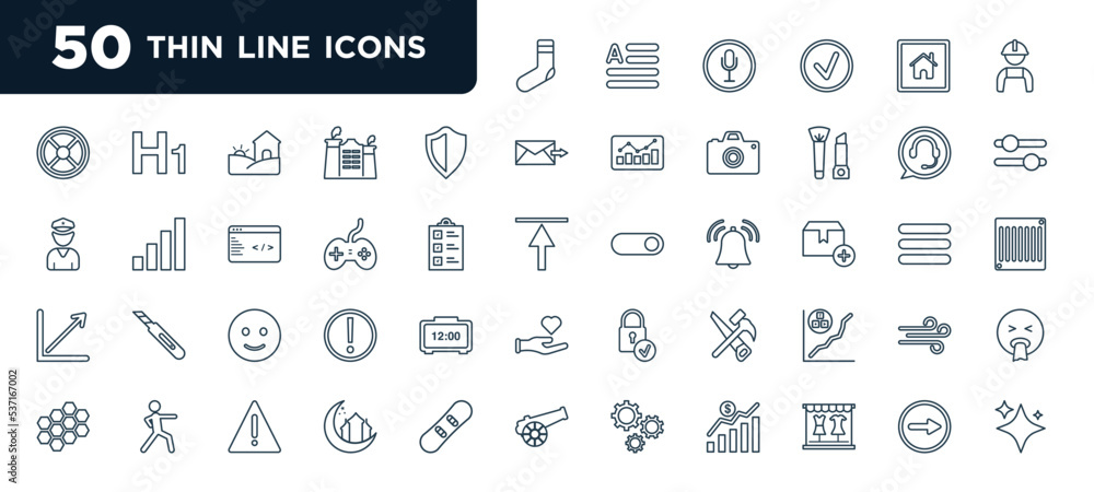 Poster set of most common used 50 web icons in outline style. thin line icons such as sock, defence, videog