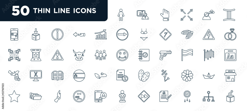 Poster set of most common used 50 web icons in outline style. thin line icons such as stickman, raise, ox, 