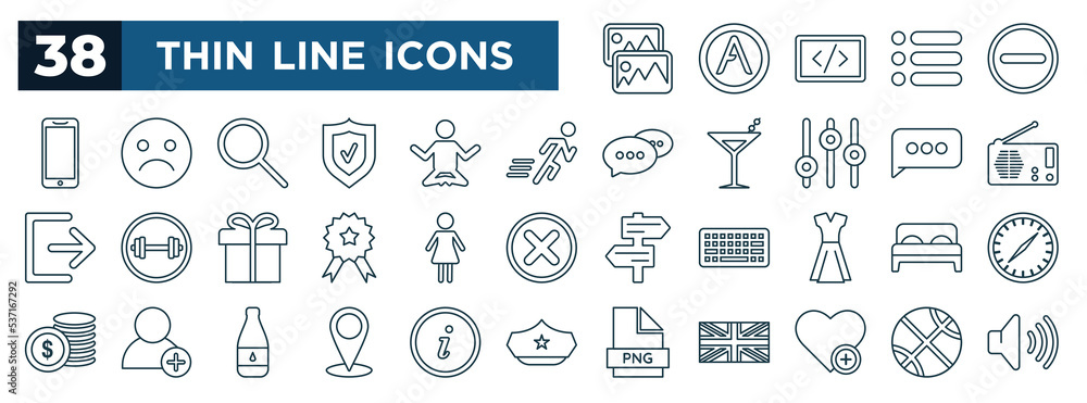 Poster set of most common used web icons in outline style. thin line icons such as photos, mobile phone, ru