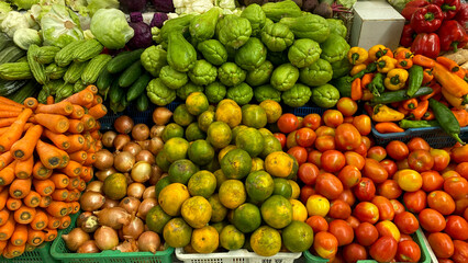 Stack of various fruits and vegetables  at local market in Indonesia