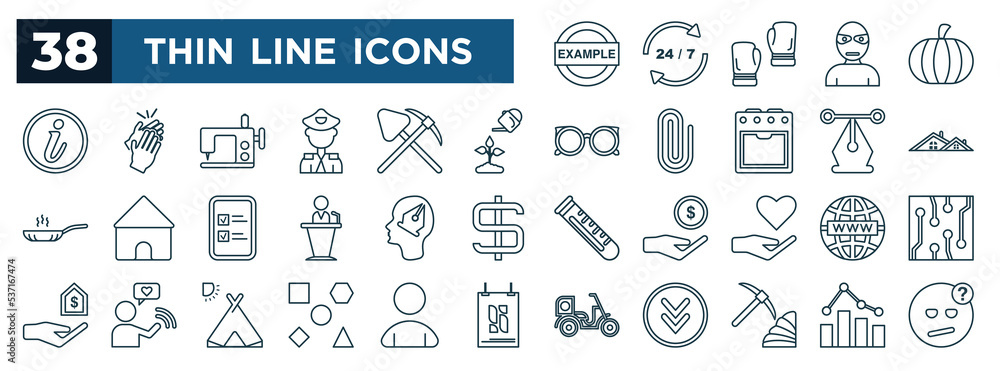 Poster set of most common used web icons in outline style. thin line icons such as example, basic, gardenin