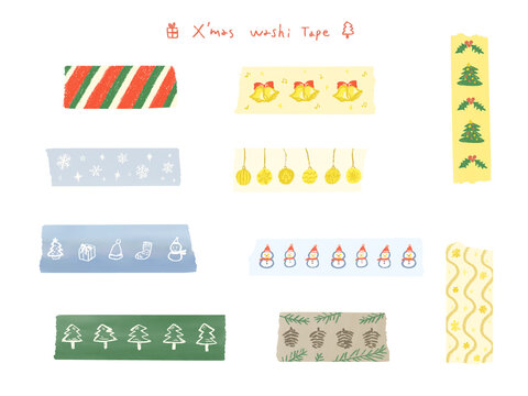 Christmas color decoration masking tape(WashiTape) hand drawn illustration set / クリスマスカラーの装飾マスキングテープ 手描きイラストセット
