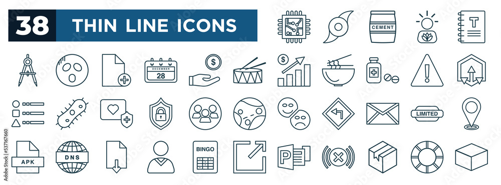 Poster set of most common used web icons in outline style. thin line icons such as sem, divider, drums, dim