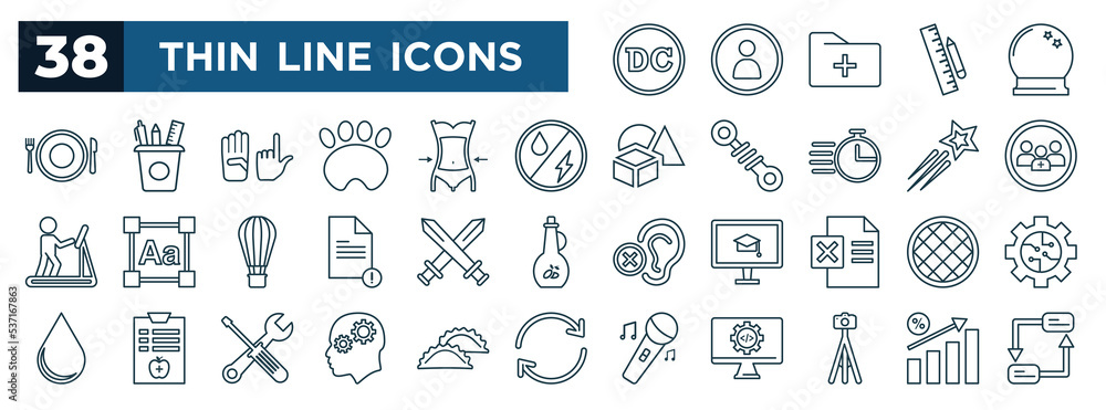Poster set of most common used web icons in outline style. thin line icons such as dc, tableware, hybrid, i