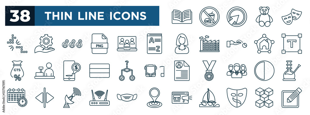 Poster set of most common used web icons in outline style. thin line icons such as menu book, , glossary, t