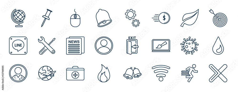 Poster set of most common used web icons in outline style. thin line icons such as globe, notification, lea