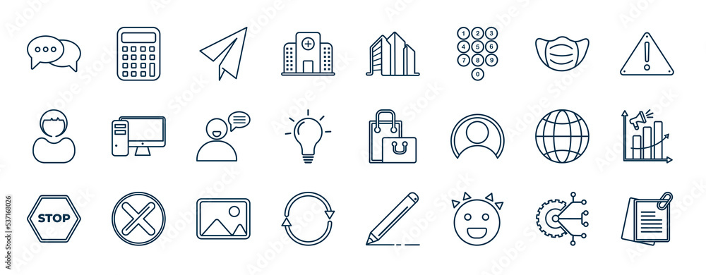 Poster set of most common used web icons in outline style. thin line icons such as communication, hospital,