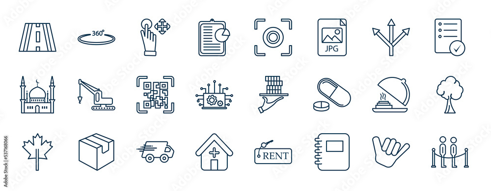 Poster set of most common used web icons in outline style. thin line icons such as street, reporting, optio