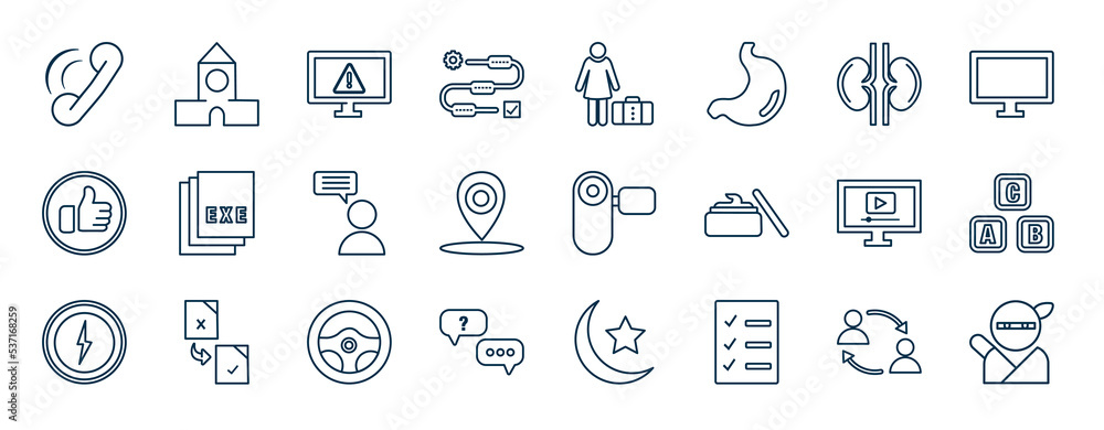 Poster set of most common used web icons in outline style. thin line icons such as calling, method, kidney,