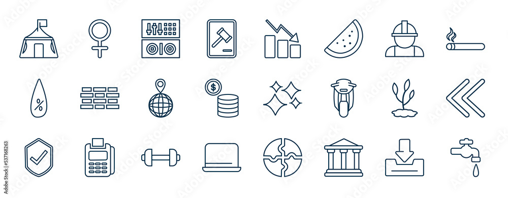 Poster set of most common used web icons in outline style. thin line icons such as camp, regulation, worker