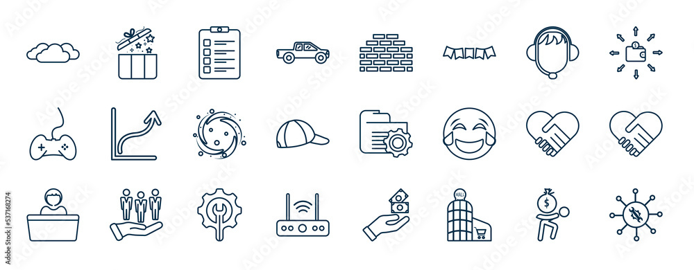 Poster set of most common used web icons in outline style. thin line icons such as clouds, pickup, helpdesk