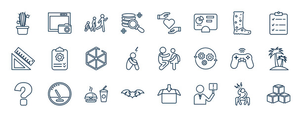 set of most common used web icons in outline style. thin line icons such as cactus, query, style, planner, parent, palm tree, fast food, demand vector.