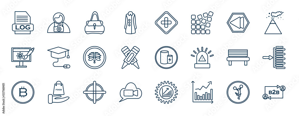Poster set of most common used web icons in outline style. thin line icons such as logs, coat, rewind, onli