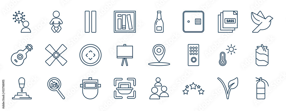 Poster set of most common used web icons in outline style. thin line icons such as infection, bookshelf, sa