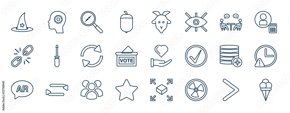 Poster set of most common used web icons in outline style. thin line icons such as witch, nuts, negotiation