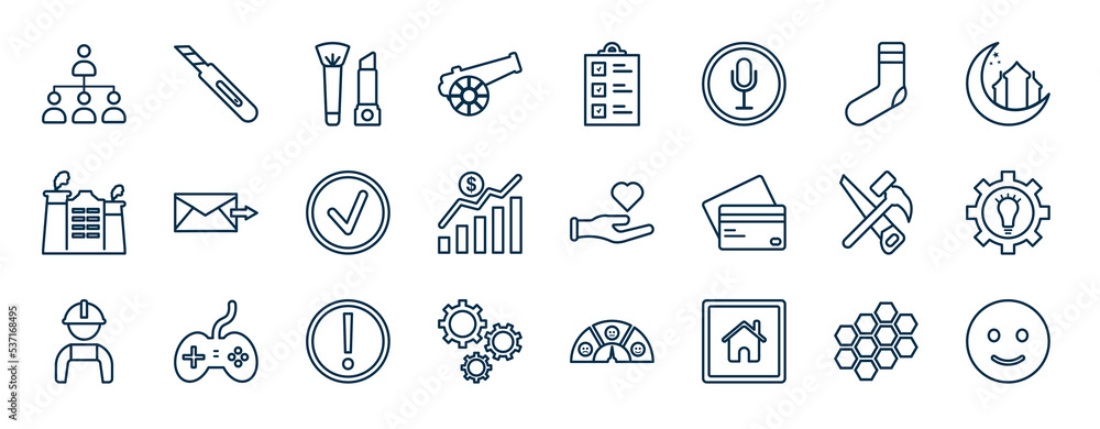 Poster set of most common used web icons in outline style. thin line icons such as delegate, cannon, sock, 
