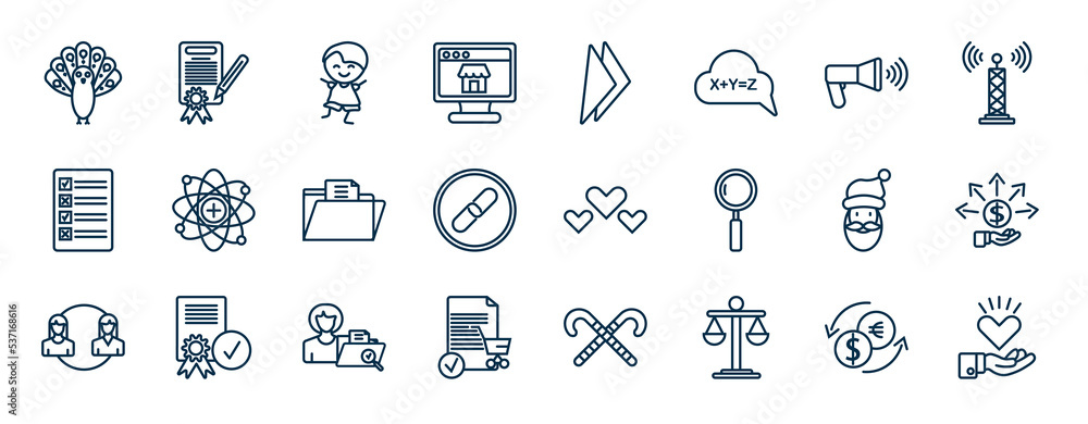 Poster set of most common used web icons in outline style. thin line icons such as peacock, eshop, call to 