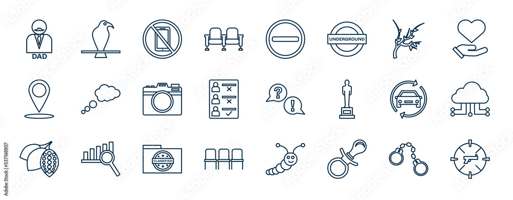 Poster set of most common used web icons in outline style. thin line icons such as daddy, seats, tree branc