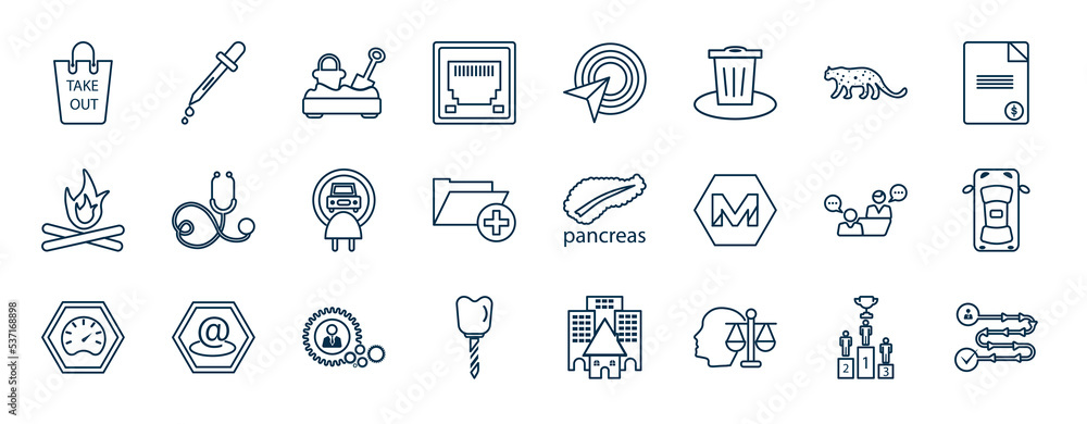 Poster set of most common used web icons in outline style. thin line icons such as take out, rj45, leopard,