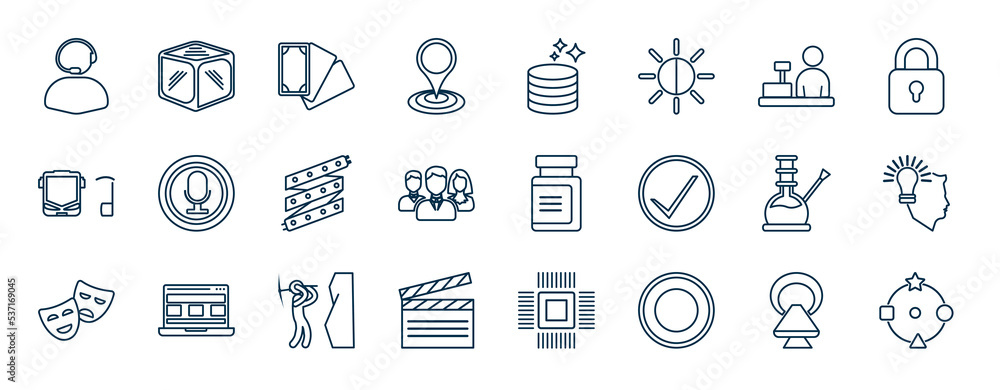 Poster set of most common used web icons in outline style. thin line icons such as call center agent, map p