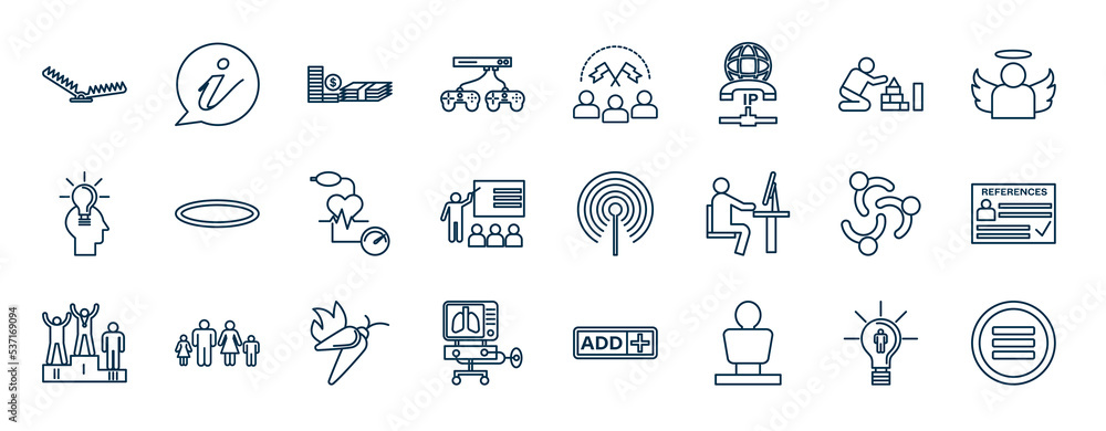 Poster set of most common used web icons in outline style. thin line icons such as trap, videogame, childho