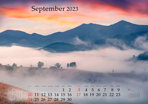 Horizontal wall calendar for 2023 year. September, B3 size. Set of calendars with amazing landscapes. Stellisee lake with Matterhorn peak on background, Switzerland. Monthly calendar ready for print..