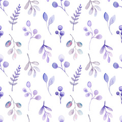 watercolor seamless pattern with lavender floral elements and flowers on white