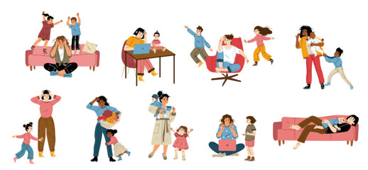 Set of tired mothers with children. Flat vector illustration of exhausted women working home, doing household duties, suffering headache, noisy kids playing around. Housewife overloaded with duties