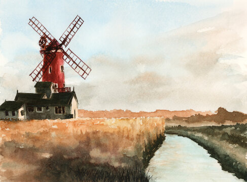 Landscape with red windmill and canal. Watercolor on paper.