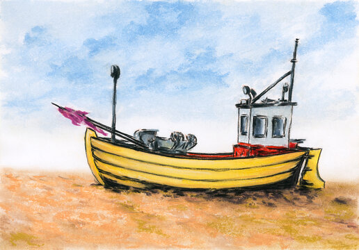 Small fishing boat on sandy beach. Charcoal and soft pastel on paper.