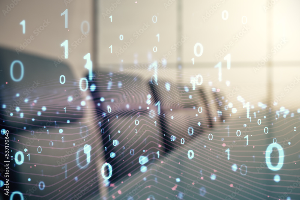 Leinwandbilder abstract virtual binary code hologram on a modern coworking room background, ai and machine learning