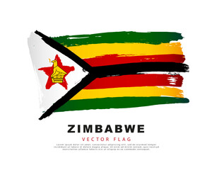 Flag of Zimbabwe. Green, black, red and yellow hand-drawn brush strokes. Vector illustration isolated on white background. - obrazy, fototapety, plakaty