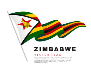 The flag of Zimbabwe hangs on a flagpole and flutters in the wind. Vector illustration isolated on white background.