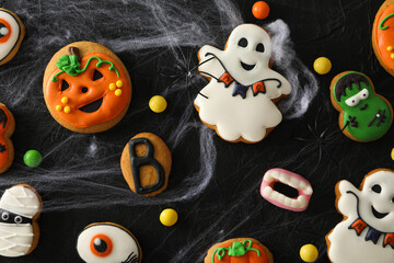 Fototapeta na wymiar Concept of Halloween sweets, funny sweets, top view