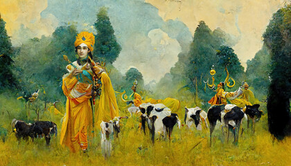 AI generated image of Hindu God Lord Krishna as a cowherd in Vrindavan, India 