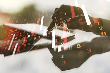 Abstract creative financial graph with finger clicks on a digital tablet on background, forex and investment concept. Multiexposure