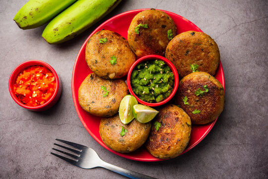 Raw Banana Cutlet also called plantain or kacche kele ki tikki or patties, served with chutney