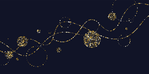Background with gold glitter to place the inscription. Poster with lines consisting of particles.
