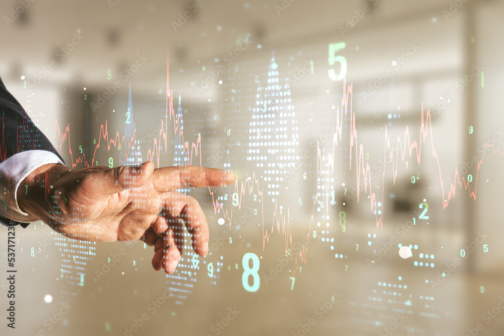 Poster multi exposure of analyst hand with pen working with virtual abstract financial diagram on blurred o