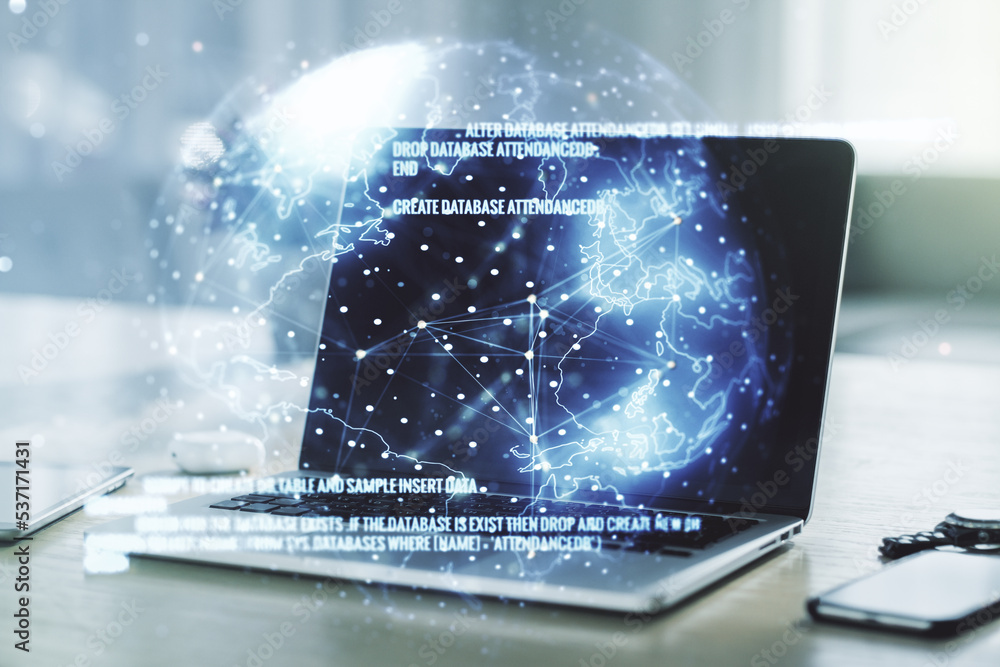 Poster double exposure of abstract creative programming illustration with world map on computer background,