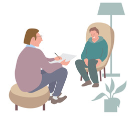 Psychotherapist talk and help patient with mental problems. Concept of psychological help, healthcare, consulting with psychologist. Vector illustration