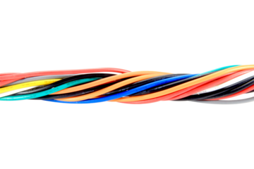 multi colored wires cable of usb and adapter into a curve or angle.isolated on white background.Electronic Connector.Selection focus.