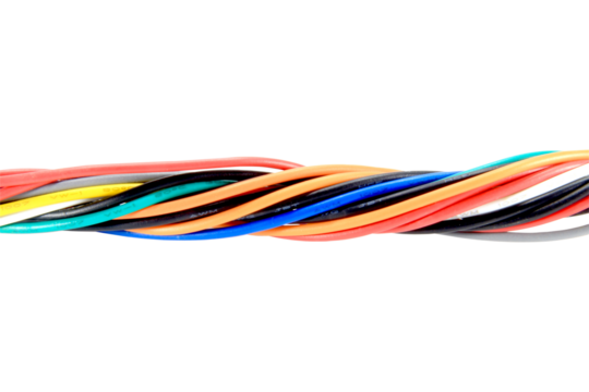 multi colored wires cable of usb and adapter into a curve or angle.isolated on white background.Electronic Connector.Selection focus.