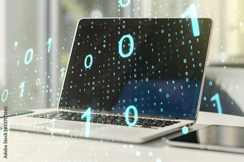 Leinwandbilder creative abstract binary code sketch on modern laptop background, hacking and matrix concept. multie