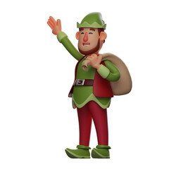   3D illustration. 3D Elf character carrying a sack of gifts. with one hand up. wearing funny hats. 3D Cartoon Character