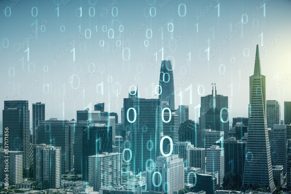 Leinwandbilder Abstract virtual binary code illustration on San Francisco skyline background. Big data and coding concept. Multiexposure